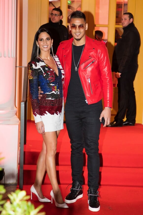 Alphonse Areola (blouson en cuir rouge Anthony Delon) et sa femme Marrion à la soirée d'anniversaire "Neymar JR'S: Nuit Rouge" des 27 ans de Neymar Jr. au Pavillon Gabriel à Paris, France, le 4 février 2019.