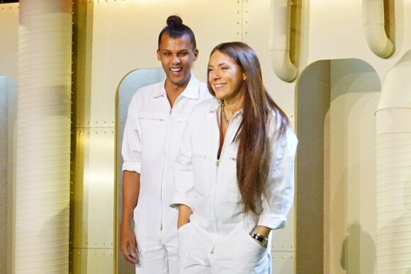 Stromae, sa femme Coralie Barbier et son frère Luc Junior Tam (directeur artistique) sont venus présenter la 5 ème collection de vêtements de leur marque Moseartau Bon Marché, à Paris, le 6 avril 2018.