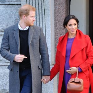 Le prince Harry, duc de Sussex et Meghan Markle (enceinte), duchesse de Sussex en visite à Birkenhead le 14 janvier 2019.