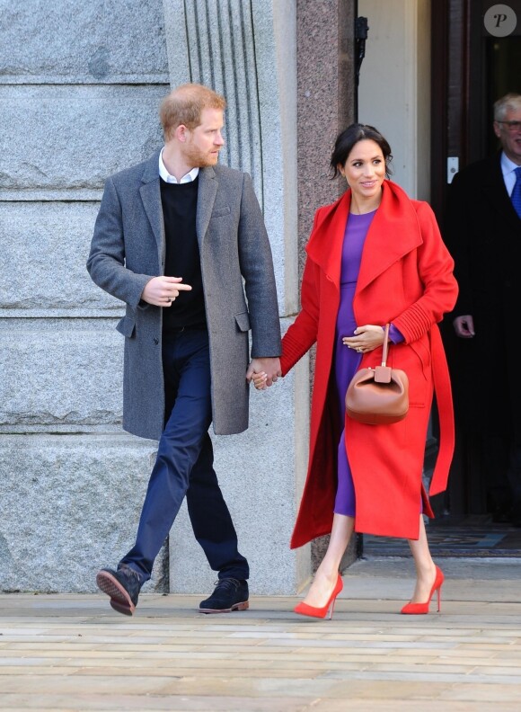 Le prince Harry, duc de Sussex et Meghan Markle (enceinte), duchesse de Sussex en visite à Birkenhead le 14 janvier 2019.