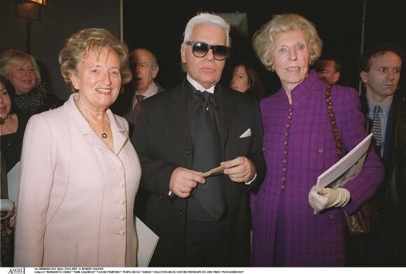 Bernadette Chirac, Karl Lagerfeld et Claude Pompidou à Paris. Janvier 2001.