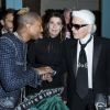 Karl Lagerfeld rencontrant Pharrell Williams sous les yeux de la princesse Caroline de Hanovre (Caroline de Monaco) au Ritz à Paris le 6 décembre 2016 lors du deuxième défilé Chanel "Métiers d'Art". © Olivier Borde/Bestimage 