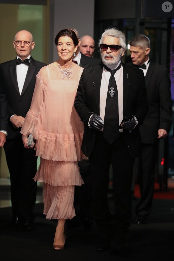 La princesse Caroline de Hanovre et Karl Lagerfeld au 64e Bal de la Rose au Sporting Monte Carlo à Monaco le 24 mars 2018 © Olivier Huitel / Pool Restreint Monaco / Bestimage