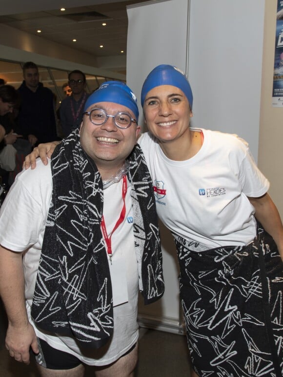 Yoann Riou et Estelle Denis lors du Challenges Swimming Heroes pour l'UNICEF lors du meeting Olympique à la piscine de Courbevoie, France, le 24 février 2019. © Pierre Perusseau/Bestimage