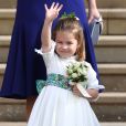 La princesse Charlotte de Cambridge, lors du mariage de la princesse Eugenie d'York et Jack Brooksbank en la chapelle Saint-George au château de Windsor le 12 octobre 2018.