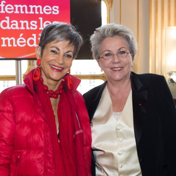 Isabelle Morini-Bosc, Françoise Laborde lors de la signature au ministère de la Culture de la Charte PFDM " Pour les femmes dans les médias ", contre le harcèlement et les agissements sexistes dans les médias le 13 mars 2019. ©Cyril Moreau / Bestimage