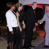 Le prince Charles, prince de Galles, arrive à la réception du gouverneur général avec le Premier ministre de Sainte-Lucie, Michael Chastanet et sa femme Raquel Chastanet, à l'hôtel Serenity, Coconut Bay, à Sainte-Lucie, le 17 mars 2019, lors de sa tournée de 13 jours dans les Caraïbes.