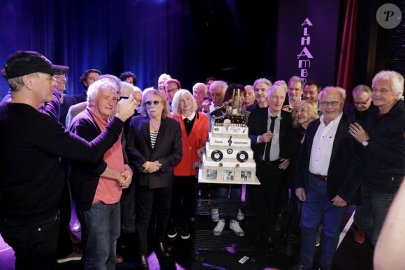 Exclusif - Laurent Baffie, François Morel, Georges Chelon, Bernard Menez, le chanteur Christophe, Michèle Torr, Pierre Douglas, Gérard Darmon, Denise Fabre, Serge Lama, Marcel Amont, Raphaël Mezrahi, Bernard Montiel, Nicoletta, André Bercoff, Gérard Lenorman - Marcel Amont célèbre son 90e anniversaire sur la scène de l'Alhambra à Paris le 2 avril 2019. © Cédric Perrin/Bestimage