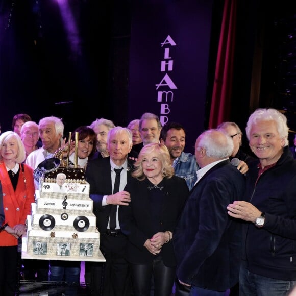 Exclusif - Laurent Baffie, François Morel, Georges Chelon, Bernard Menez, le chanteur Christophe, Michèle Torr, Pierre Douglas, Gérard Darmon, Denise Fabre, Serge Lama, Marcel Amont, Raphaël Mezrahi, Bernard Montiel, Nicoletta, André Bercoff, Gérard Lenorman - Marcel Amont célèbre son 90e anniversaire sur la scène de l'Alhambra à Paris le 2 avril 2019. © Cédric Perrin/Bestimage