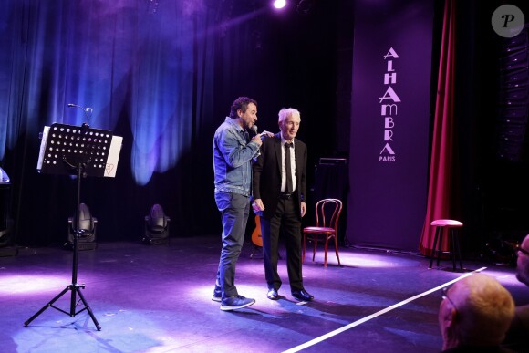 Exclusif - Bernard Montiel - Marcel Amont célèbre son 90e anniversaire sur la scène de l'Alhambra à Paris le 2 avril 2019. © Cédric Perrin/Bestimage