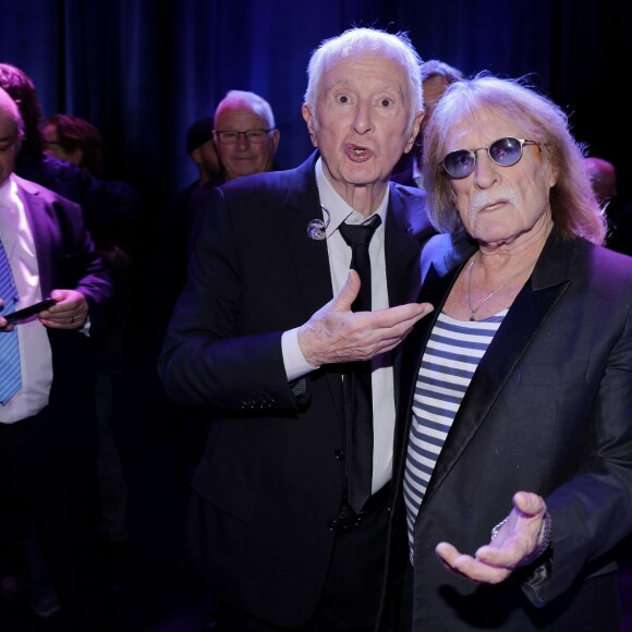 Exclusif - Marcel Amont et le chanteur Christophe - Marcel Amont célèbre son 90e anniversaire sur la scène de l'Alhambra à Paris le 2 avril 2019. © Cédric Perrin/Bestimage