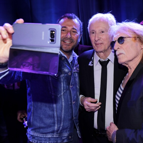 Exclusif - Bernard Montiel, Marcel Amont et le chanteur Christophe - Marcel Amont célèbre son 90e anniversaire sur la scène de l'Alhambra à Paris le 2 avril 2019. © Cédric Perrin/Bestimage