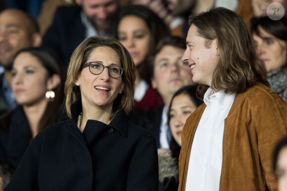 Maud Fontenoy et Pierre Sarkozy - Célébrités dans les tribunes du parc des princes lors du match de football de ligue 1, Paris Saint-Germain (PSG) contre Strasbourg à Paris le 7 avril 2019. Le match s'est soldé par un match nul 2-2.