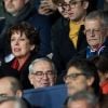 Roselyne Bachelot et un ami Pascal Boniface - Célébrités dans les tribunes du parc des princes lors du match de football de ligue 1, Paris Saint-Germain (PSG) contre Strasbourg à Paris le 7 avril 2019. Le match s'est soldé par un match nul 2-2.