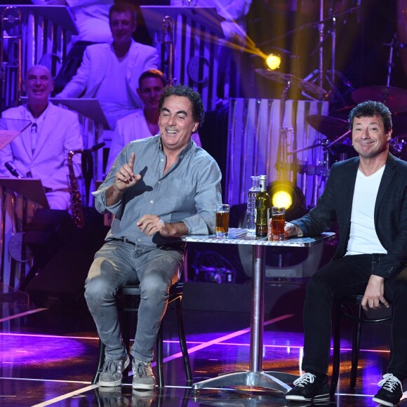 Exclusif - Les Chevaliers du Fiel (Éric Carrière et Francis Ginibre) lors de l'enregistrement de la dernière des "Années Bonheur" présentée par Patrick Sébastien à Saint-Denis le 12 février 2019. Pour les téléspectateurs, P.Sébastien fera ses adieux à l'émission lors de la diffusion le 11 mai 2019. © Giancarlo Gorassini / Bestimage