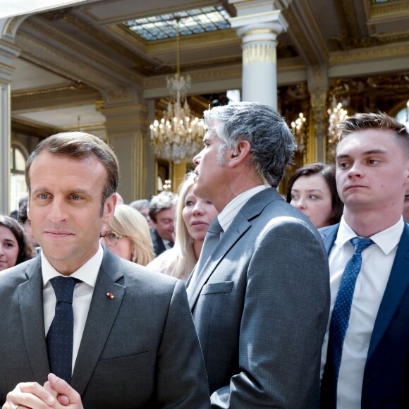 Emmanuel Macron, président de la republique. Le président de la République reçoit les métiers de bouche au palais de l'Elysée à Paris, pour la fête du 1er mai. © Xavier Popy / Pool / Bestimage