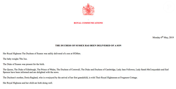 Communiqué officiel de la famille royale d'Angleterre annonçant la naissance du fils du prince Harry et de Meghan Markle, duc et duchesse de Sussex, le lundi 6 mai 2019.