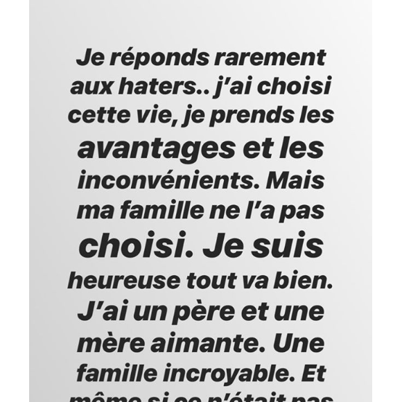 Iris Mittenaere, très remontée, répond aux attaques d'internautes sur sa famille, le 12 mai 2019 sur Instagram.