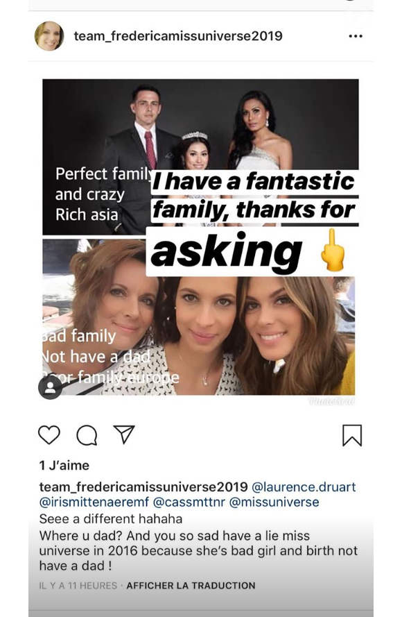 Iris Mittenaere, très remontée, répond aux attaques d'internautes sur sa famille, le 12 mai 2019 sur Instagram.
