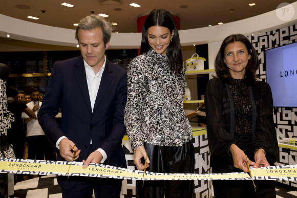 Guillaume Houzé, Kendall Jenner et Sophie Delafontaine assistent à la soirée de lancement de la collection LGP de Longchamp au grand magasin Galeries Lafayette Champs-Élysées. Paris, le 14 mai 2019.