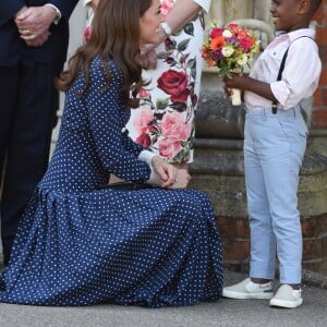 Catherine (Kate) Middleton, duchesse de Cambridge, se rend au Bletchley Park pour assister à l'inauguration d'une exposition dans bâtiment récemment rénové du Teleprinter Building, à l'occasion de son 75e anniversaire du débarquement. Bletchley, 14 mai 2019.