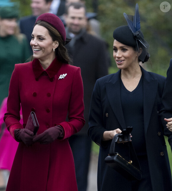 Catherine Kate Middleton, la duchesse de Cambridge et Meghan Markle, la duchesse de Sussex enceinte - La famille royale britannique se rend à la messe de Noël à l'église Sainte-Marie-Madeleine à Sandringham, le 25 décembre 2018.