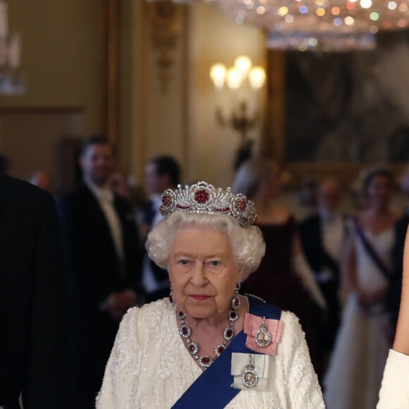 Donald Trump et sa femme Melania avec la reine Elizabeth II au palais de Buckingham à Londres le 3 juin 2019, lors du dîner officiel donné par la monarque à l'occasion de la visite officielle du président américain en Grande-Bretagne.