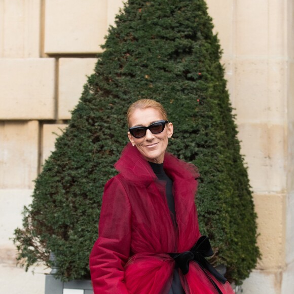 Céline Dion (qui porte une manteau en tulle rouge transparent) et son ami Pepe Munoz à la sortie de l'hotel Crillon à Paris se rendent au théâtre Mogador le 27 Janvier 2019