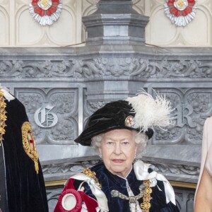 Le roi Willem-Alexander et la reine Maxima des Pays-Bas avec la reine Elizabeth II le 17 juin 2019 au château de Windsor lors des cérémonies de l'ordre de la Jarretière, qui compte le roi Felipe VI d'Espagne et le roi Willem-Alexander des Pays-Bas comme nouveaux chevaliers "étrangers" (surnuméraires).