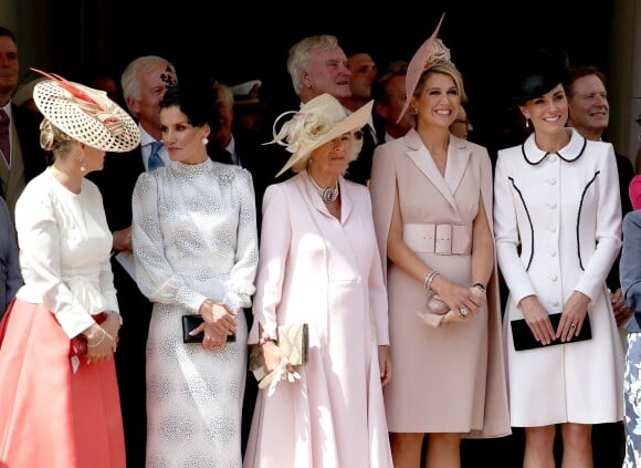 La comtesse Sophie de Wessex, la reine Letizia d'Espagne, la duchesse Camilla de Cornouailles, la reine Maxima des Pays-Bas et la duchesse Catherine de Cambridge le 17 juin 2019 au château de Windsor lors des cérémonies de l'ordre de la Jarretière, qui compte le roi Felipe VI d'Espagne et le roi Willem-Alexander des Pays-Bas comme nouveaux chevaliers "étrangers" (surnuméraires).