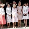 La comtesse Sophie de Wessex, la reine Letizia d'Espagne, la duchesse Camilla de Cornouailles, la reine Maxima des Pays-Bas et la duchesse Catherine de Cambridge réunies le 17 juin 2019 au château de Windsor lors des cérémonies de l'ordre de la Jarretière, qui compte le roi Felipe VI d'Espagne et le roi Willem-Alexander des Pays-Bas comme nouveaux chevaliers "étrangers" (surnuméraires).
