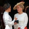 La reine Letizia d'Espagne et la comtesse Sophie de Wessex en pleine discussion le 17 juin 2019 au château de Windsor lors des cérémonies de l'ordre de la Jarretière, qui compte le roi Felipe VI d'Espagne et le roi Willem-Alexander des Pays-Bas comme nouveaux chevaliers "étrangers" (surnuméraires).
