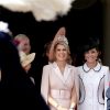 La reine Maxima des Pays-Bas (en Claes Iversen) et la duchesse Catherine de Cambridge (en Catherine Walker) le 17 juin 2019 au château de Windsor lors des cérémonies de l'ordre de la Jarretière, qui compte le roi Felipe VI d'Espagne et le roi Willem-Alexander des Pays-Bas comme nouveaux chevaliers "étrangers" (surnuméraires).
