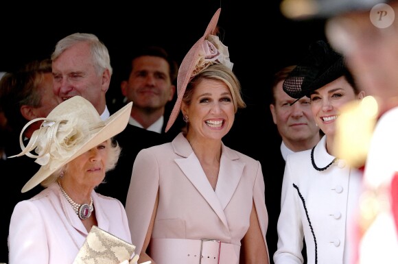 La duchesse Camilla de Cornouailles, la reine Maxima des Pays-Bas et la duchesse Catherine de Cambridge le 17 juin 2019 au château de Windsor lors des cérémonies de l'ordre de la Jarretière, qui compte le roi Felipe VI d'Espagne et le roi Willem-Alexander des Pays-Bas comme nouveaux chevaliers "étrangers" (surnuméraires).