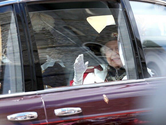 La reine Elizabeth II le 17 juin 2019 au château de Windsor lors des cérémonies de l'ordre de la Jarretière, qui compte le roi Felipe VI d'Espagne et le roi Willem-Alexander des Pays-Bas comme nouveaux chevaliers "étrangers" (surnuméraires).