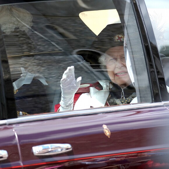 La reine Elizabeth II le 17 juin 2019 au château de Windsor lors des cérémonies de l'ordre de la Jarretière, qui compte le roi Felipe VI d'Espagne et le roi Willem-Alexander des Pays-Bas comme nouveaux chevaliers "étrangers" (surnuméraires).