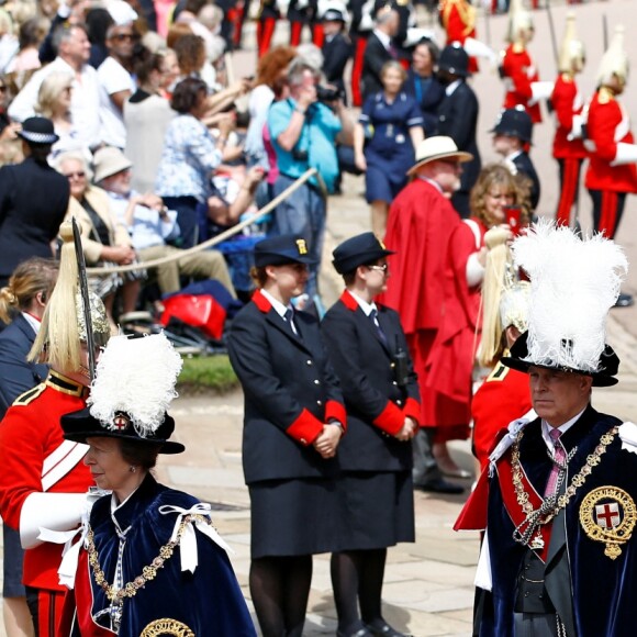 La princesse Anne, le prince Andrew, le prince Edward, la roi Felipe VI d'Espagne et le roi Willem-Alexander des Pays-Bas le 17 juin 2019 au château de Windsor lors des cérémonies de l'ordre de la Jarretière, qui compte le roi Felipe VI d'Espagne et le roi Willem-Alexander des Pays-Bas comme nouveaux chevaliers "étrangers" (surnuméraires).