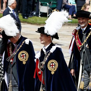 La princesse Anne, le prince Andrew, le prince Edward, la roi Felipe VI d'Espagne et le roi Willem-Alexander des Pays-Bas le 17 juin 2019 au château de Windsor lors des cérémonies de l'ordre de la Jarretière, qui compte le roi Felipe VI d'Espagne et le roi Willem-Alexander des Pays-Bas comme nouveaux chevaliers "étrangers" (surnuméraires).