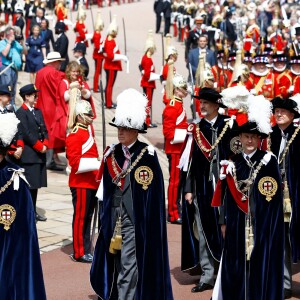 La princesse Anne, le prince Andrew, le prince Edward, la roi Felipe VI d'Espagne et le roi Willem-Alexander des Pays-Bas le 17 juin 2019 au château de Windsor lors des cérémonies de l'ordre de la Jarretière, qui compte le roi Felipe VI d'Espagne et le roi Willem-Alexander des Pays-Bas comme nouveaux chevaliers "étrangers" (surnuméraires).