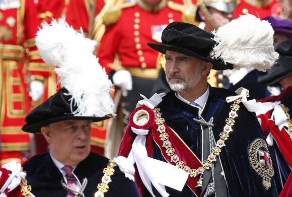 Le roi Felipe VI d'Espagne le 17 juin 2019 au château de Windsor lors des cérémonies de l'ordre de la Jarretière, qui compte le roi Felipe VI d'Espagne et le roi Willem-Alexander des Pays-Bas comme nouveaux chevaliers "étrangers" (surnuméraires).