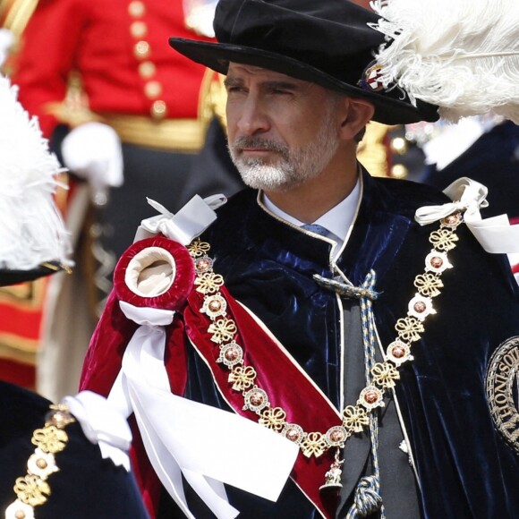 Le roi Felipe VI d'Espagne le 17 juin 2019 au château de Windsor lors des cérémonies de l'ordre de la Jarretière, qui compte le roi Felipe VI d'Espagne et le roi Willem-Alexander des Pays-Bas comme nouveaux chevaliers "étrangers" (surnuméraires).