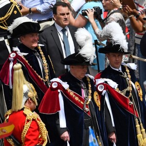 La princesse Anne, le prince Andrew, le prince Edward, la roi Felipe VI d'Espagne et le roi Willem-Alexander des Pays-Bas le 17 juin 2019 au château de Windsor lors des cérémonies de l'ordre de la Jarretière, qui compte le roi Felipe VI d'Espagne et le roi Willem-Alexander des Pays-Bas comme nouveaux chevaliers "étrangers" (surnuméraires).