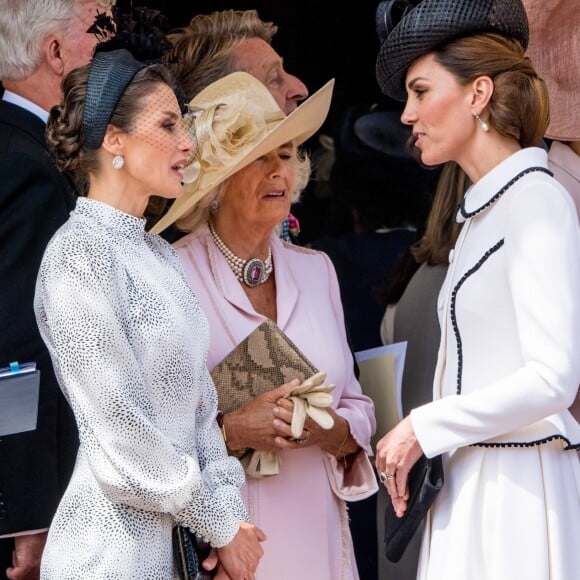 La reine Letizia d'Espagne, Camilla Parker Bowles, duchesse de Cornouailles, la reine Maxima des Pays-Bas, Catherine (Kate) Middleton, duchesse de Cambridge, lors de la cérémonie annuelle de l'Ordre de la Jarretière (Garter Service) au château de Windsor 17/06/2019