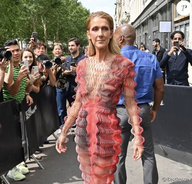 Céline Dion arrive au défilé Iris van Herpen haute couture Automne-Hiver 2019/2020 à Paris, France, le 1er Juillet 2019.
