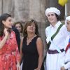La reine Letizia d'Espagne (robe Adolfo Dominguez, collection automne-hiver 2018-2019) lors de la clôture de la 2e édition du séminaire "L'éducation patrimoniale à l'école" à San Millan de la Cogolla dans la province de La Rioja le 5 juillet 2019.