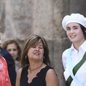 La reine Letizia d'Espagne (robe Adolfo Dominguez, collection automne-hiver 2018-2019) lors de la clôture de la 2e édition du séminaire "L'éducation patrimoniale à l'école" à San Millan de la Cogolla dans la province de La Rioja le 5 juillet 2019.
