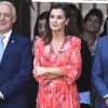 La reine Letizia d'Espagne (robe Adolfo Dominguez, collection automne-hiver 2018-2019) lors de la clôture de la 2e édition du séminaire "L'éducation patrimoniale à l'école" à San Millan de la Cogolla dans la province de La Rioja le 5 juillet 2019.