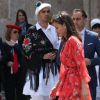 La reine Letizia d'Espagne (robe Adolfo Dominguez, collection automne-hiver 2018-2019) lors de la clôture de la 2e édition du séminaire "L'éducation patrimoniale à l'école" à San Millan de la Cogolla dans la province de La Rioja le 5 juillet 2019.