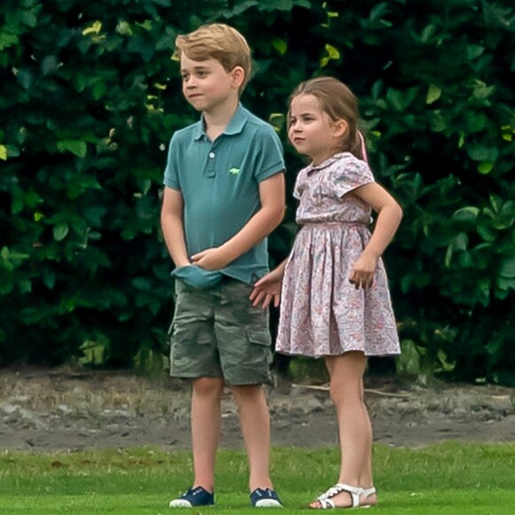 Le prince George de Cambridge et sa soeur la princesse Charlotte de Cambridge lors d'un match de polo de bienfaisance King Power Royal Charity Polo Day à Wokinghan, comté de Berkshire, Royaume Uni, le 10 juillet 2019.