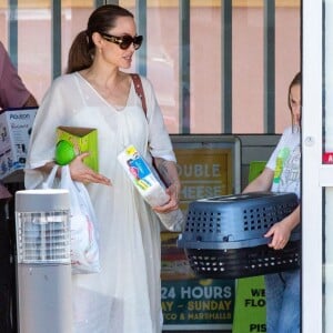 Angelina Jolie sort du magasin animalier PetSmart à Los Angeles accompagnée de sa fille Vivienne qui porte un petit lapin dans les bras. La petite Vivienne très souriante semble enchantée d'avoir adopté ce nouveau compagnon! Le 17 juillet 2019